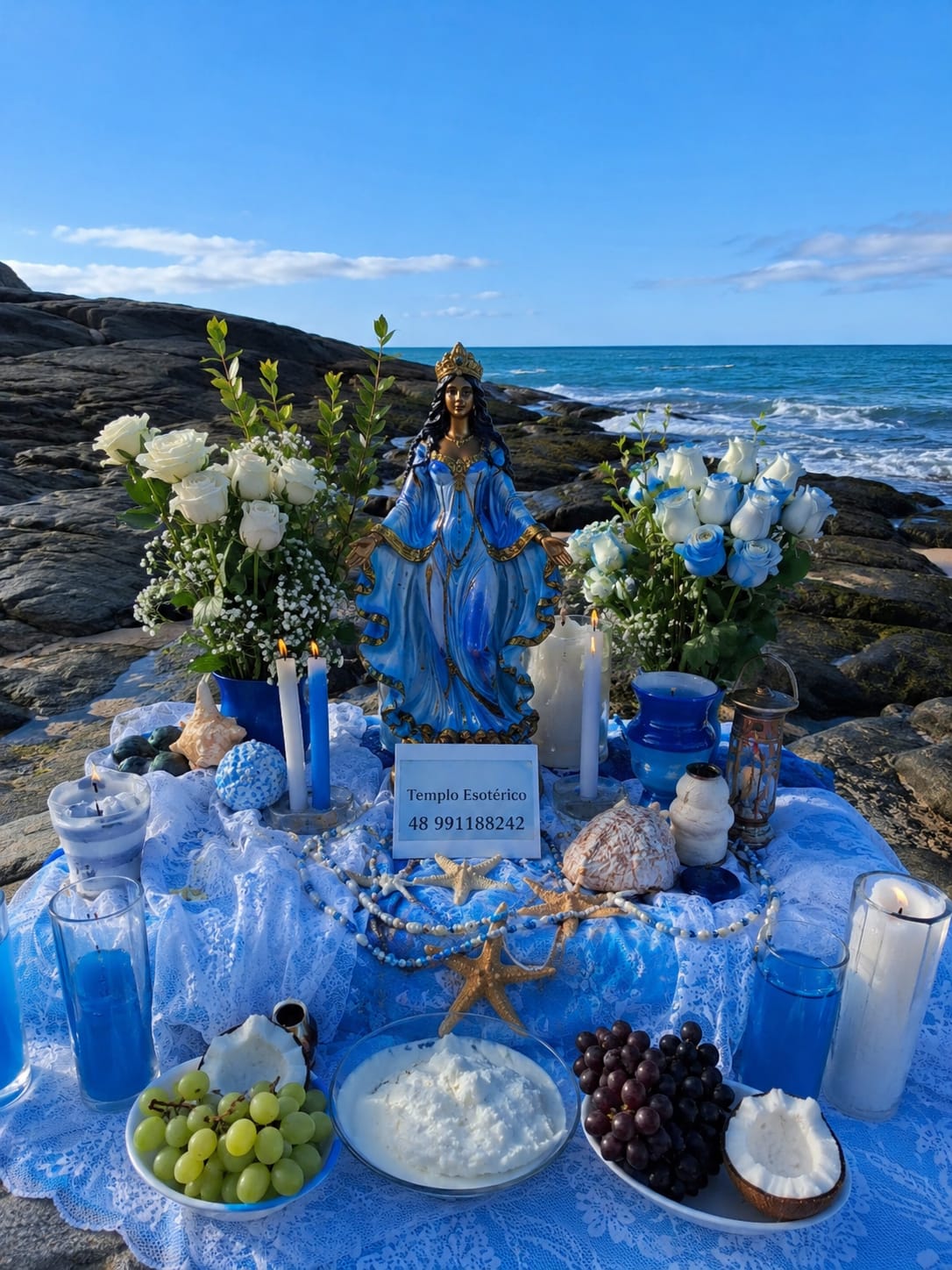 Altar de Iemanjá à beira-mar preparado pelo Templo Esotérico